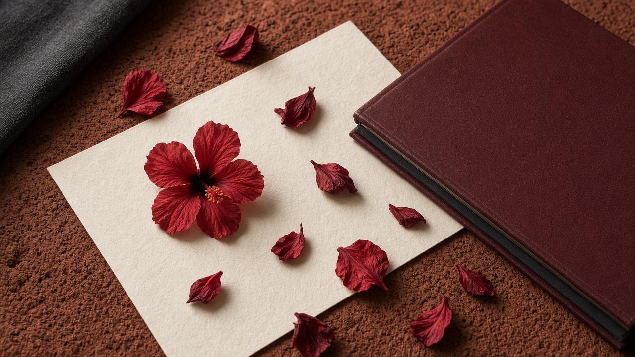 Laterite earth and hibiscus petals on a case file